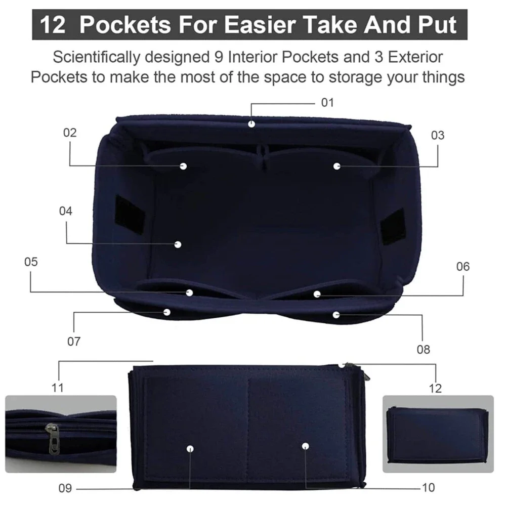 Felt Tote Organizer Insert with Zipper Pouch, 12-Pocket Handbag Organizer